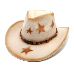 Chapeau de cowboy rétro en feutre avec étoiles brunes et ruban de corde décoratif