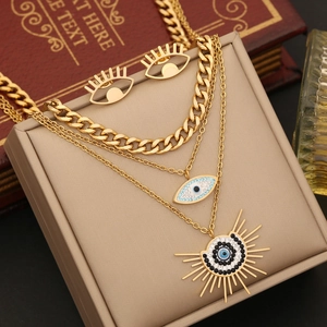 Evil Eye Jewelry Stainless Steel Triple Layered Necklace Bracelet Earrings Ring Gold Plated Rhinestone Trendy Women