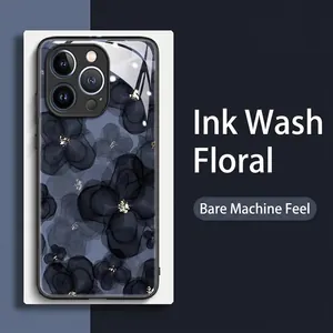Phone Case Ink Flower Pattern Tempered Glass Back TPU Silicone Edge Gold Foil Accents Glossy Shockproof Full Protection Vintage