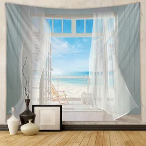 3D Window Ocean View Tapestry Polyester Nature Landscape Printed Wall Hanging For Bedroom Living Room Nordic Bohemian Style Decor