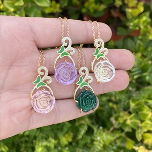Rose Flower Pendant Necklace Butterfly Enamel Leaf Stainless Steel Copper Glass Clavicle Chain Jewelry For Women Elegant
