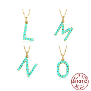 Real 925 sterling silver initial necklaces with natural turquoise for women