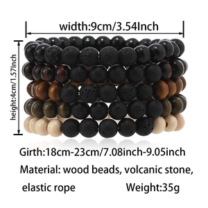Detail view of handmade beaded bracelet set with wood beads, volcanic stone and size specs