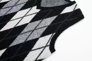 Close-up of the V-neckline and soft argyle knit texture on this gray sleeveless dress