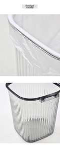 Detail of grey striped trash bin featuring thickened PET material and reinforced wide rim