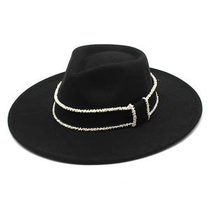 Elegant black wide-brim wool fedora hat with double pearl bands and ribbed ribbon