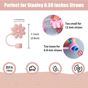 Infographic showing pink flower silicone straw cover dimensions for 10mm Stanley straws