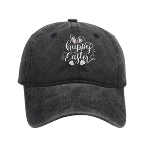 Casquette de baseball en denim noir délavé avec imprimé Happy Easter et lapin de Pâques
