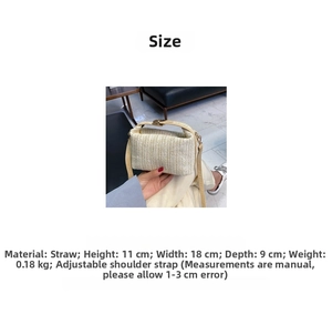 Size chart for straw handbag showing 11cm height, 18cm width, and 9cm depth details