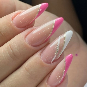 Rosa Gestreifte Französische Onychoplastik Mit Strass Gold Glitzer Lang Stiletto Künstliche Nägel Für Damen DIY Maniküre Geschenk