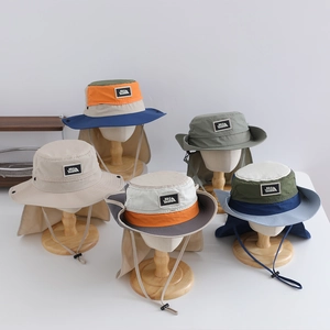 Kids Outdoor Sun Hat Neck Protection Quick Dry Breathable Patchwork Wide Brim Fisherman Cap With Windproof Rope For Hiking