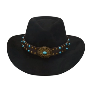 Vintage black wide brim western cowboy hat with ethnic leather band and turquoise accents
