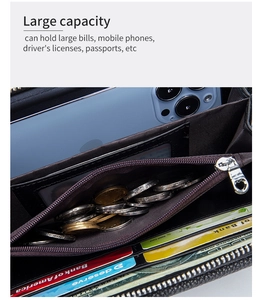 Detail view of a black multi-functional phone wallet showing card slots and large capacity