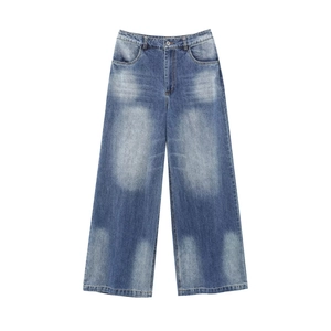 Classic blue washed denim wide-leg jeans with vintage fading and button fly detail