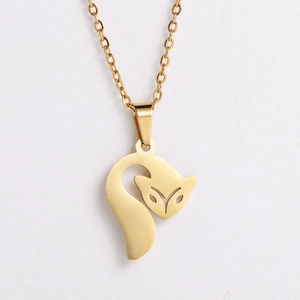 Minimalist nine-tailed fox pendant necklace in golden stainless steel with polished finish