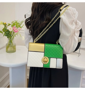 Chic color-block shoulder bag with gold chain strap and quilted pattern shown on model