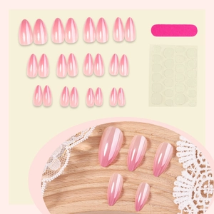 Almond-shaped pink gradient press-on nails set with nail file and jelly glue stickers