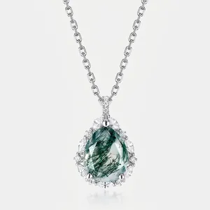 S925 Sterling Silver Green Moss Agate Teardrop Pendant Necklace For Women Vintage Noble Inlaid Rhinestone Natural Stone Jewelry