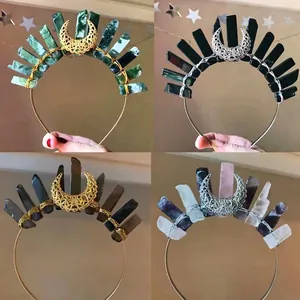 Natural Crystal Moon Headband Crown Handmade Raw Stone Bohemian Gothic Witchy Hair Accessory For Women Party Cosplay