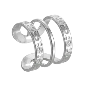 Three-tier minimalist silver ear cuff with hammered and polished stainless steel texture