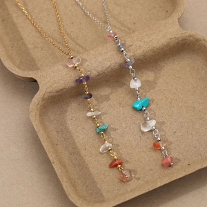 Bohemian Y-shaped stainless steel necklace featuring colorful natural stone fragments