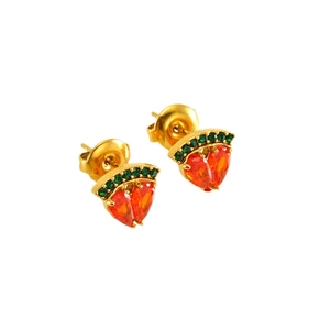 Boucles d'oreilles pastèque mignonnes en finition dorée avec pierres rouges et vertes