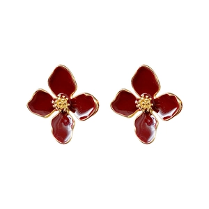 Elegant red enamel flower earrings with gold-plated trim in a vintage floral design