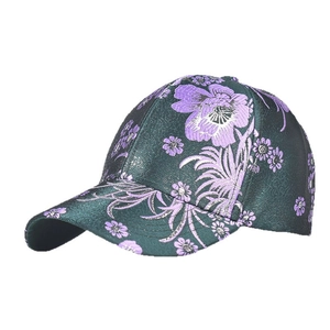 Dark green baseball cap with elegant purple flower embroidery in vintage style