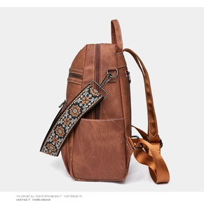 Detail view of brown PU leather backpack with side pockets and ethnic pattern wide strap
