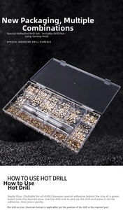 Detailed view of a 21-grid organizer box with champagne gold flatback nail art rhinestones