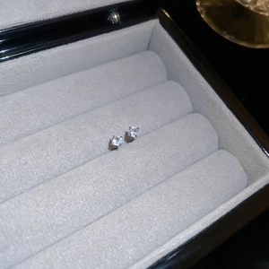 Detailed close-up of sparkling round zircon stud earrings in a silver four-prong setting