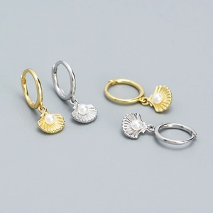 925 Sterling Silver Scallop Shell Hoop Earrings With Round Artificial Pearl Minimalist Ocean Style Jewelry For Women