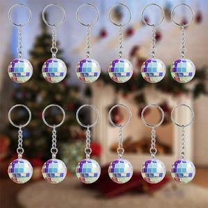 Set of 12 reflective disco ball keychains with silver metal rings for party favors