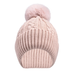 Pale pink chunky cable knit beanie with large fluffy pompom for winter warmth