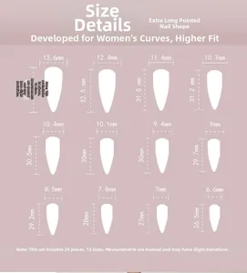 Guide des tailles montrant la largeur et longueur pour faux ongles longs pointus en 12 tailles