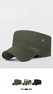 Detail of army green cadet cap with side SPORT embroidery and metal air vents