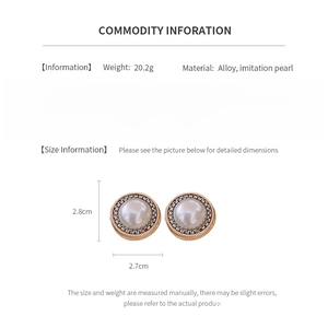 Detailed spec sheet showing vintage round pearl earrings dimensions and alloy material