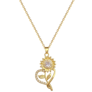 Golden sunflower necklace with heart-shaped crystal pendant and shimmering white zircon accents