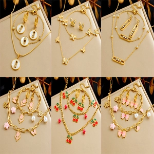 Cute Stainless Steel Jewelry Set For Women Gold Plated Enamel Bow Flower Cherry Butterfly Rhinestone Necklace Earrings Set