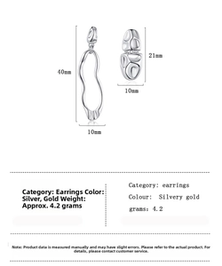 Detailed size parameters of asymmetric silver liquid metal lava earrings with 40mm and 21mm length
