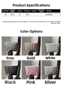 Detailed size chart for pleated heart-quilted clutches in metallic multiple colors