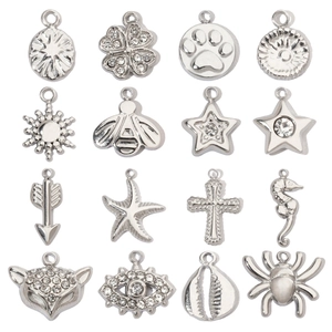 DIY Jewelry Charms Pendants Stainless Steel Rhinestone Mixed Shapes For Bracelet Necklace Making Cross Star Bee Evil Eye Clover Sea Horse Paw Fox Polished Small Findings