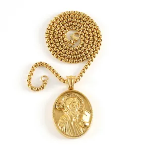 St Benedict Medal Pendant Box Chain Necklace 18K Gold Plated Stainless Steel 3D Relief Religious Vintage Jewelry Men Women