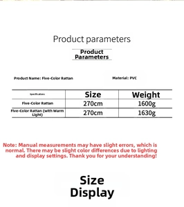 Size chart for 270cm PVC Christmas rattan garland with dimensions and weight details