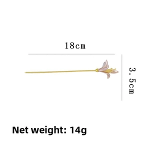 Detailed size and weight specs of purple lily hair pin showing 18cm length and 14g weight
