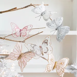 Glittery mesh butterfly ornaments with pearls for Christmas tree decoration