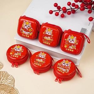 Red tinplate Year of the Horse coin purses with cartoon designs and festival hang cords