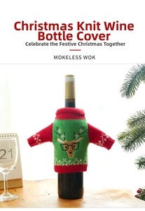 Detail of knitted Christmas wine bottle sweater with reindeer embroidery and ribbed edges