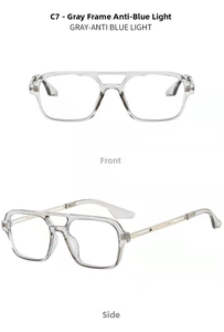 Detail view of transparent grey pilot frame with gold metal temples and blue light filter