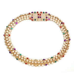Indian style choker necklace with multi-color rhinestones and pearls on gold base